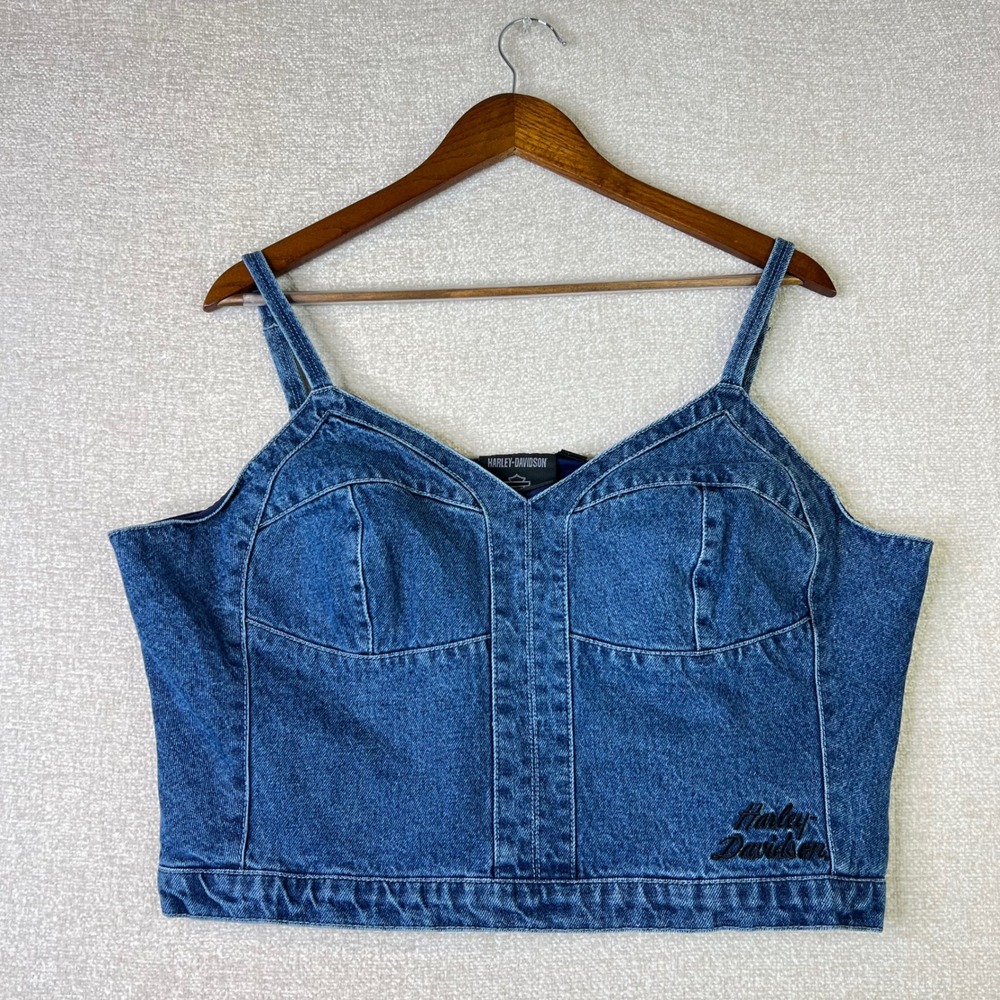 Harley Davidson Denim Corset Crop Tank Top Womens XXL Blue Biker Motorcycle Y2K